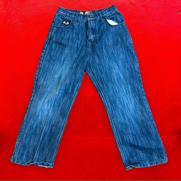 VTG Mecca Y2K Baggy Wide Leg Blue Jean Patches Women’s 26” Waist Cropped - Picture 1 of 15